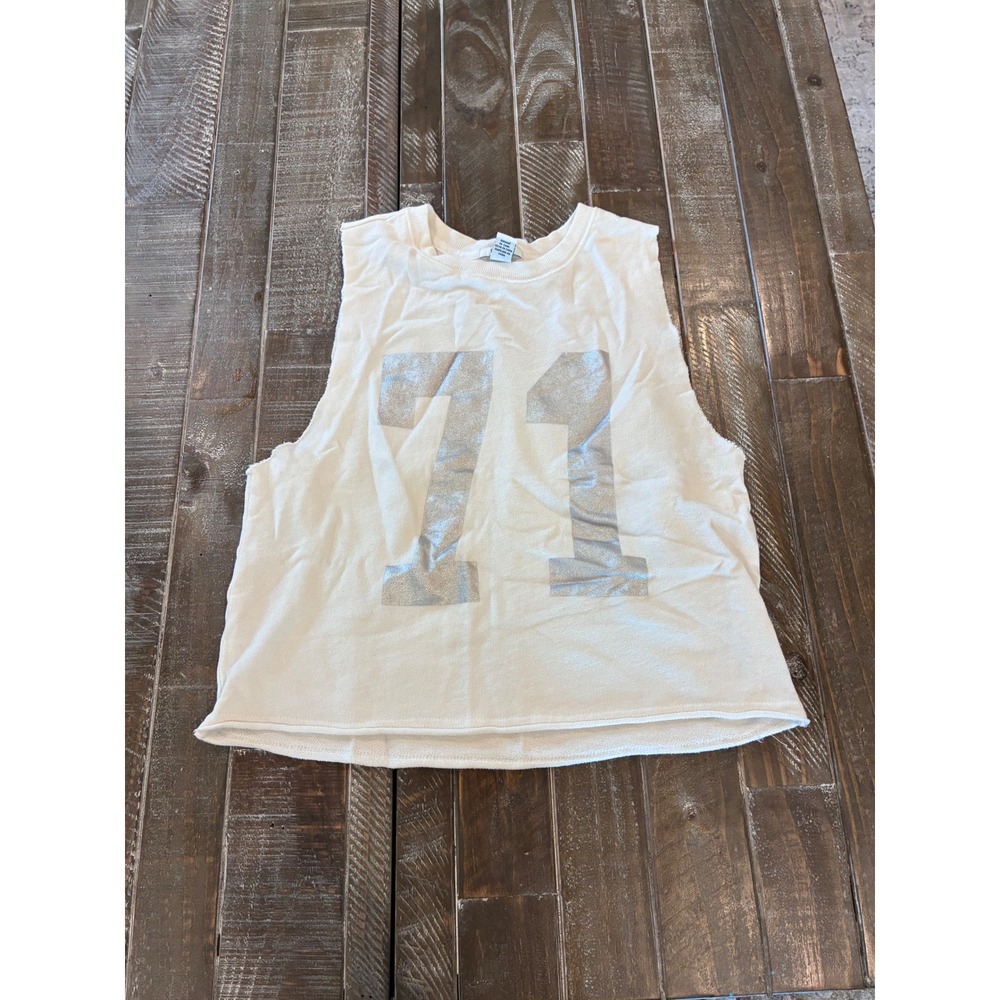 Forever 21 Women Cream Silver Metallic 71 Graphic Muscle Tank Top Large
